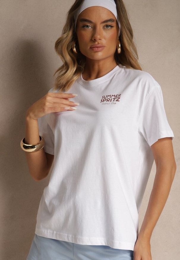 Renee - Biało-Niebieski T-shirt Oversize z Bawełny Ozdobiony Nadrukiem Filiora. Okazja: na co dzień. Kolor: biały. Materiał: bawełna. Wzór: aplikacja, nadruk. Styl: casual