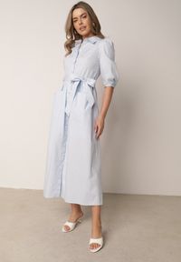 Born2be - Niebieska Rozkloszowana Sukienka Koszulowa w Stylu Retro z Bawełny z Wiązaniem Cirire. Okazja: na co dzień. Kolor: niebieski. Materiał: bawełna. Typ sukienki: koszulowe. Styl: retro #1