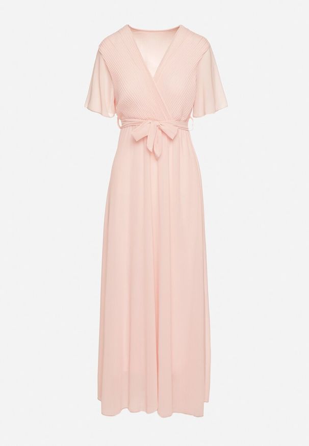 Born2be - Jasnoróżowa Kopertowa Sukienka z Gumką w Pasie i Plisowaną Górą Davitri. Kolor: różowy. Materiał: materiał. Długość rękawa: krótki rękaw. Typ sukienki: kopertowe. Długość: maxi