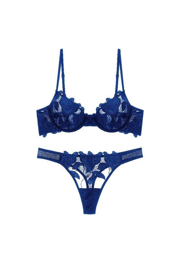 Intica - Komplet bielizny z kwiatowym haftem na specjalne okazje Flossy. Kolor: niebieski. Materiał: materiał. Wzór: kwiaty, haft