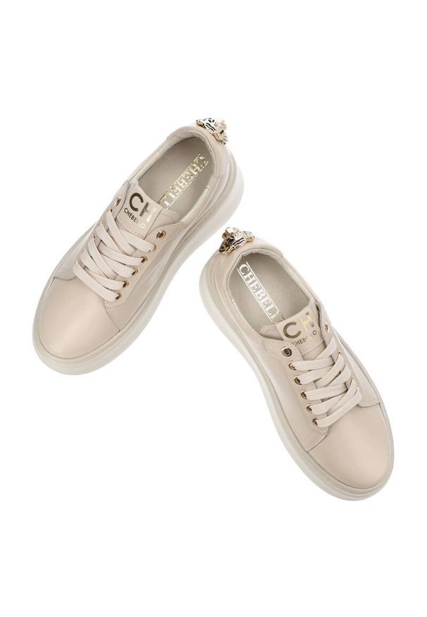 CheBello - Beżowe Sneakersy Chebello Wygodne Obuwie Damskie. Okazja: na co dzień. Kolor: beżowy. Materiał: skóra. Sport: turystyka piesza