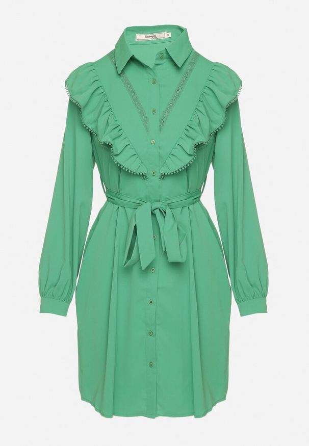 Born2be - Ciemnozielona Koszulowa Sukienka z Falbanką i Wiązanym Paskiem Jituri. Kolor: zielony. Materiał: koronka, materiał. Wzór: aplikacja. Typ sukienki: koszulowe. Długość: mini