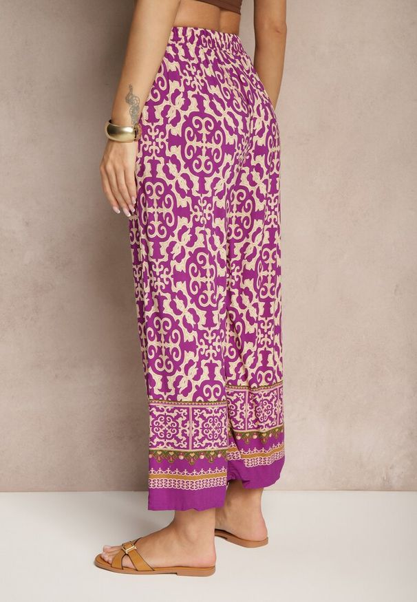 Renee - Fioletowe Szerokie Spodnie Culottes z Bawełny w Ornamentalny Print Lisanella. Okazja: na co dzień, na spacer. Kolor: fioletowy. Materiał: bawełna. Wzór: nadruk. Styl: elegancki, casual
