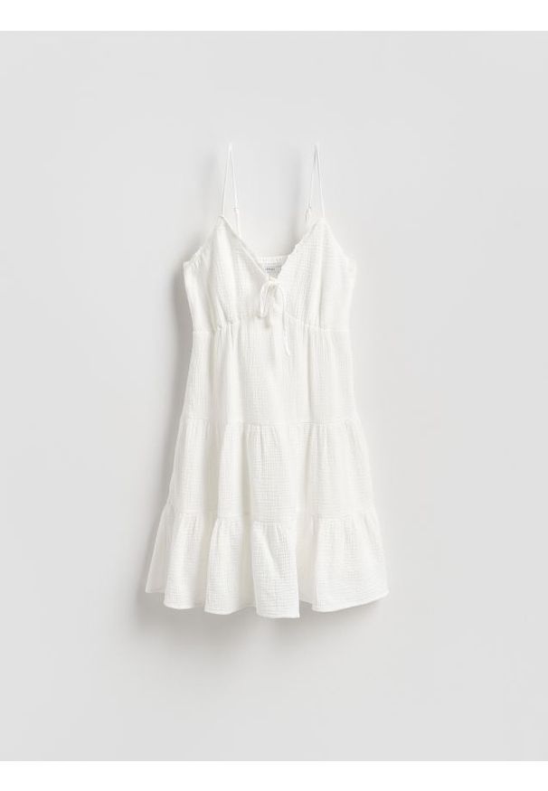 Reserved - Muślinowa sukienka mini - biały. Kolor: biały. Materiał: bawełna. Długość: mini