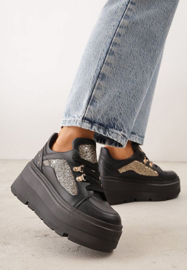 Born2be - Czarne Sneakersy VICES na Koturnie z Brokatem Elanatale. Okazja: na co dzień. Kolor: czarny. Obcas: na koturnie