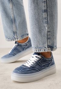 Born2be - Granatowe Sneakersy na Grubej Podeszwie Ozdobione Denimem Eriphithea. Okazja: na co dzień. Kolor: niebieski. Materiał: denim. Wzór: aplikacja #9