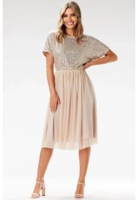Awama - Koktajlowa sukienka na wesele rozkloszowana z cekinami beż. Okazja: na ślub cywilny, na imprezę, na wesele. Kolor: czarny, beżowy. Styl: wizytowy #2