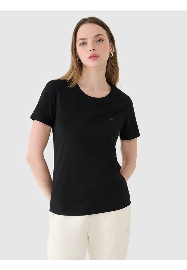 4f - 4F T-shirt regular gładki damski - czarny S. Okazja: na co dzień. Kolor: czarny. Materiał: dzianina, bawełna, jersey. Długość rękawa: krótki rękaw. Długość: krótkie. Wzór: gładki. Sezon: lato. Styl: klasyczny, sportowy, casual