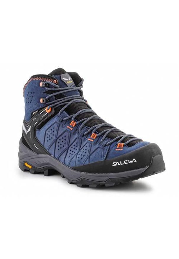 Buty trekkingowe męskie Salewa MS Alp Trainer 2 Mid Gtx. Wysokość cholewki: za kostkę. Zapięcie: sznurówki. Kolor: niebieski, wielokolorowy. Materiał: skóra, syntetyk, zamsz, materiał. Szerokość cholewki: normalna