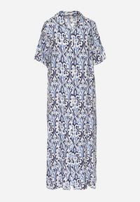 Born2be - Niebieska Sukienka z Wiskozy o Pudełkowym Kroju w Ornamentalny Wzór Ridisa. Okazja: na co dzień, na imprezę. Typ kołnierza: dekolt w kształcie V. Kolor: niebieski. Materiał: wiskoza. Długość rękawa: krótki rękaw. Typ sukienki: proste. Styl: casual, elegancki #6