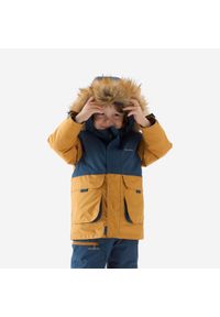 quechua - Parka turystyczna dla dzieci Quechua SH500 Mountain. Typ kołnierza: kołnierzyk stójkowy. Kolor: niebieski, wielokolorowy, żółty, brązowy. Materiał: futro, materiał. Sezon: zima. Styl: sportowy