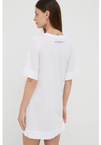 Emporio Armani Underwear sukienka bawełniana kolor biały mini oversize. Kolor: biały. Materiał: bawełna. Długość rękawa: krótki rękaw. Wzór: nadruk. Typ sukienki: oversize. Długość: mini