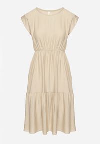 Born2be - Beżowa Wiskozowa Sukienka o Rozkloszowanym Kroju Lizena. Okazja: na co dzień, na imprezę. Kolor: beżowy. Materiał: wiskoza. Sezon: wiosna, lato. Styl: casual, klasyczny #4