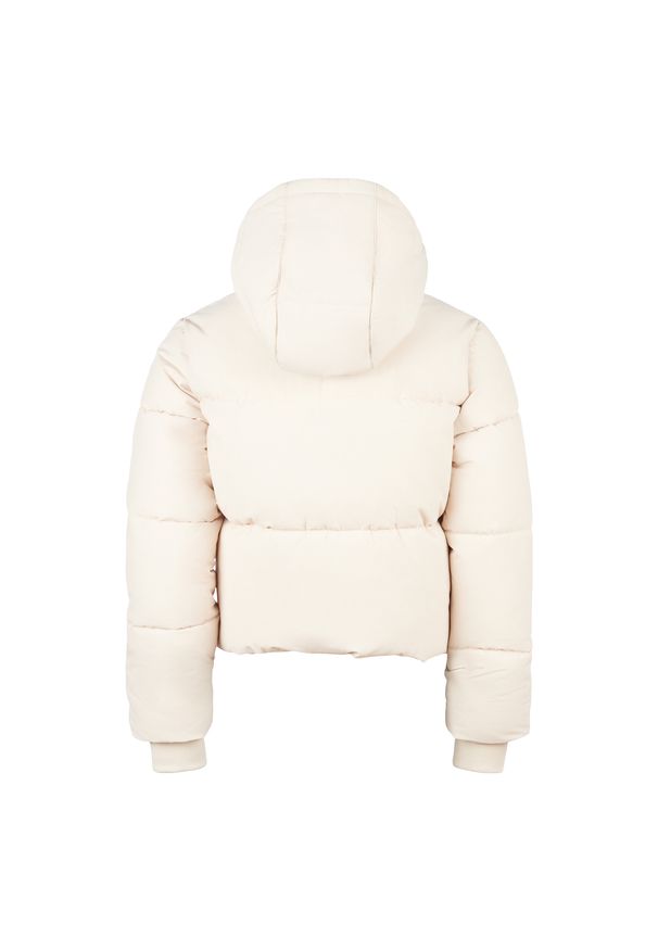 Kurtka dziecięca New Balance LAKG0230BIS – beżowa. Typ kołnierza: kaptur. Kolor: beżowy. Materiał: syntetyk, puch, bawełna, poliester. Wzór: aplikacja. Styl: młodzieżowy