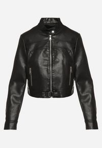 Born2be - Czarna Kurtka Ramoneska w Motocyklowym Stylu z Klamerką Terlia. Okazja: na co dzień. Kolor: czarny. Materiał: poliester, jeans. Styl: casual, klasyczny #2