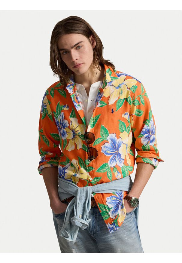 Polo Ralph Lauren Koszula 710B14226001 Pomarańczowy Classic Fit. Typ kołnierza: polo. Kolor: pomarańczowy. Materiał: len