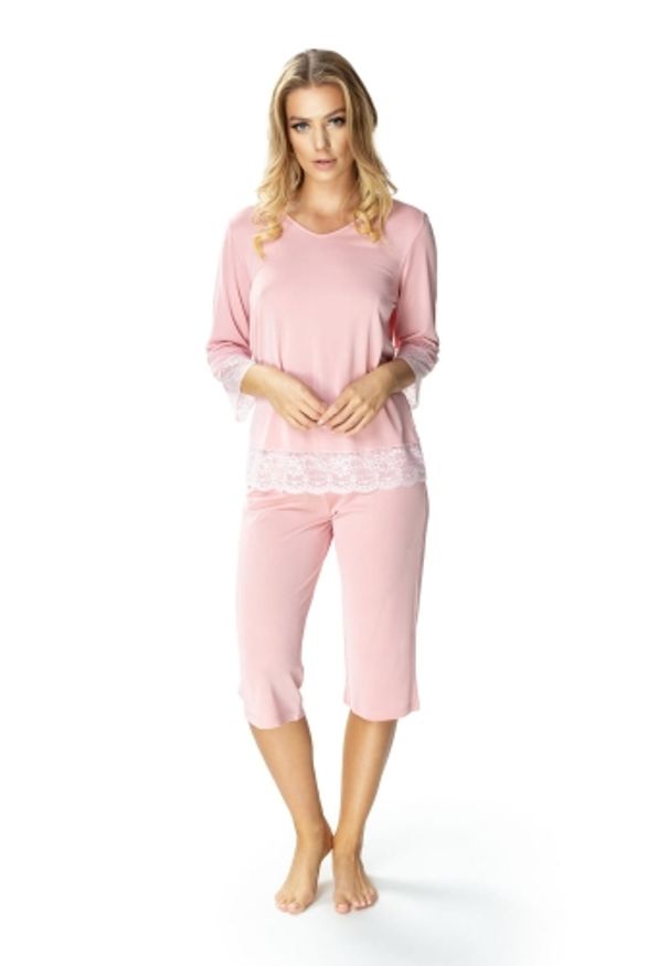 MEWA Lingerie - Różowa dwuczęściowa piżama damska Peonia. Kolor: różowy. Materiał: wiskoza, koronka, materiał, jedwab, poliamid. Wzór: aplikacja, koronka