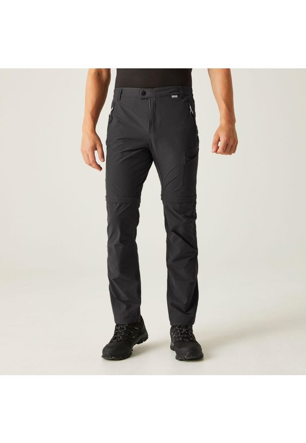 Regatta - Męskie spodnie trekkingowe z odpinanymi nogawkami Highton Zip Off. Kolor: szary. Materiał: poliamid, elastan. Długość: długie. Sezon: lato. Sport: turystyka piesza