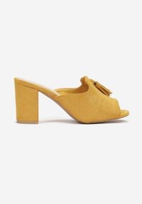 Born2be - Żółte Klapki Haseisa. Nosek buta: okrągły. Kolor: żółty. Materiał: jeans, len. Wzór: aplikacja, gładki. Obcas: na słupku #2