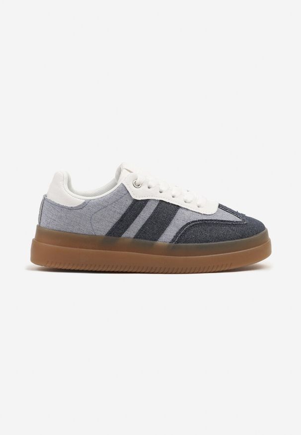 Renee - Niebiesko-Granatowe Sneakersy Tenisówki Ozdobione Paskami Falaviela. Okazja: na co dzień. Zapięcie: pasek. Kolor: niebieski. Materiał: jeans, skóra, materiał. Wzór: aplikacja