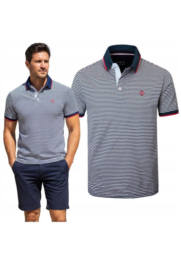 Męska Koszulka Polo - Pako Jeans - Granatowy Prążek. Okazja: na co dzień. Typ kołnierza: polo. Kolor: niebieski. Materiał: bawełna. Wzór: prążki, paski. Styl: casual
