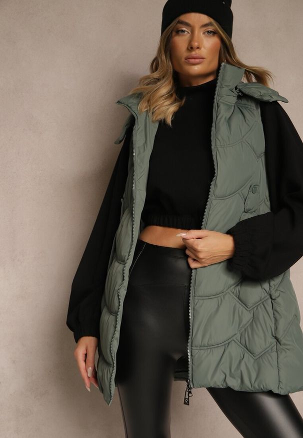 Renee - Zielona Pikowana Kamizelka z Odpinanym Kapturem Tulanea. Okazja: na co dzień. Kolor: zielony. Materiał: jeans. Styl: casual