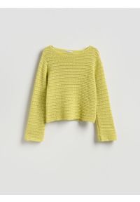 Reserved - Sweter z luźnym splotem - zielony. Kolor: zielony. Materiał: dzianina, bawełna. Wzór: ze splotem #1