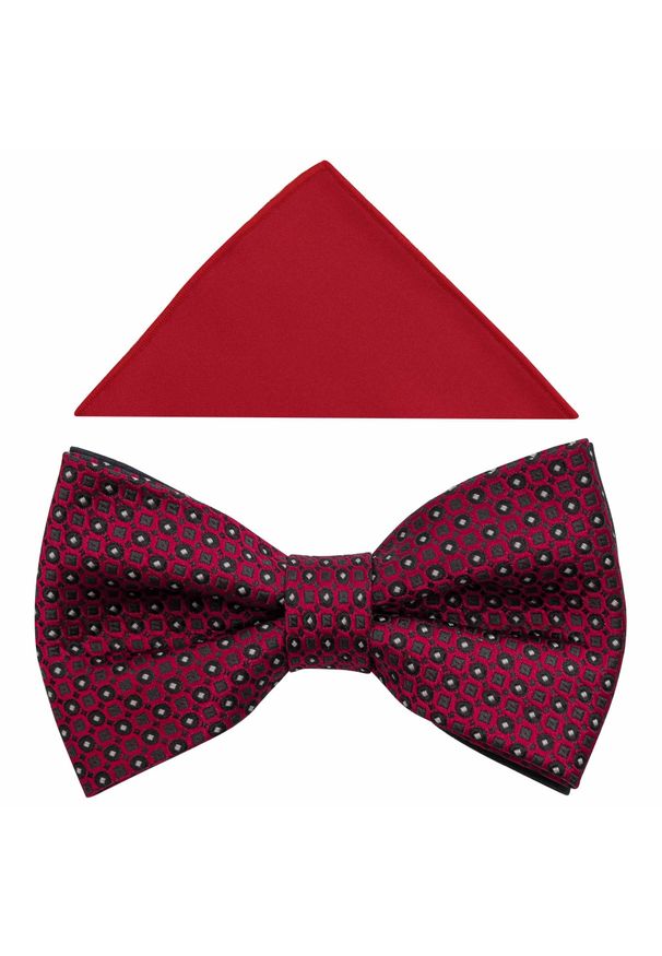 Modini - Ciemnoczerwona/bordowa muszka męska w geometryczny wzór A373. Kolor: czerwony. Materiał: bawełna, poliester, tkanina. Wzór: geometria. Styl: elegancki