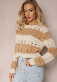 Renee - Beżowy Sweter Ozdobiony Ażurowymi Wycięciami i Połyskującą Nitką Casiena. Kolor: beżowy. Materiał: dzianina. Wzór: aplikacja, ażurowy #3