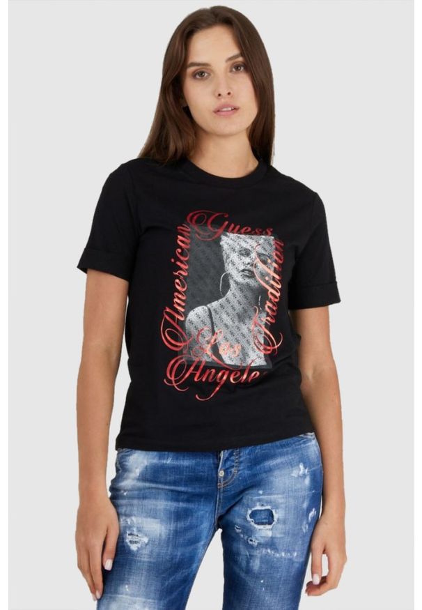 Guess - GUESS Czarny t-shirt damski z nadrukiem, Rozmiar XS. Kolor: czarny. Materiał: bawełna. Długość rękawa: krótki rękaw. Wzór: nadruk