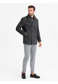 Ombre Clothing - Krótki dwurzędowy męski płaszcz z wełną – grafitowy V1. Okazja: na co dzień. Kolor: szary. Materiał: wełna. Długość: krótkie. Wzór: ze splotem, paski. Sezon: zima. Styl: casual, elegancki #4