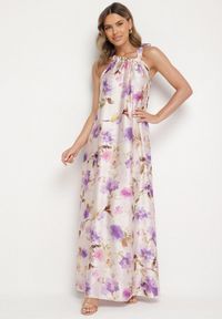 Born2be - Fioletowa Satynowa Sukienka w Kwiaty Fenaresia. Okazja: na co dzień, na spacer. Kolor: fioletowy. Materiał: satyna. Długość rękawa: na ramiączkach. Wzór: kwiaty. Sezon: lato. Typ sukienki: proste. Styl: casual, elegancki #1