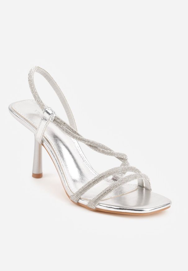 Born2be - Srebrne Eleganckie Sandały VICES na Szpilce Ozdobione Cyrkoniami Berevis. Kolor: srebrny. Materiał: tiul. Wzór: aplikacja. Obcas: na szpilce. Styl: elegancki