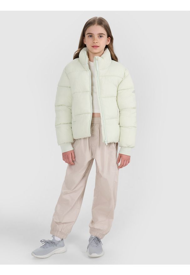 4f - 4F Kurtka puchowa z wypełnieniem syntetycznym dziewczęca - miętowa 164 (13-14 lat). Okazja: na co dzień. Typ kołnierza: kołnierzyk stójkowy. Kolor: turkusowy. Materiał: puch, syntetyk. Długość: długie. Wzór: gładki. Sezon: lato. Styl: casual, klasyczny, sportowy