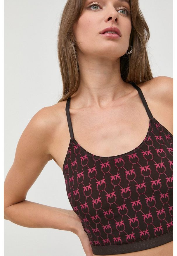 Pinko top damski kolor brązowy. Kolor: brązowy. Materiał: dzianina. Długość rękawa: na ramiączkach