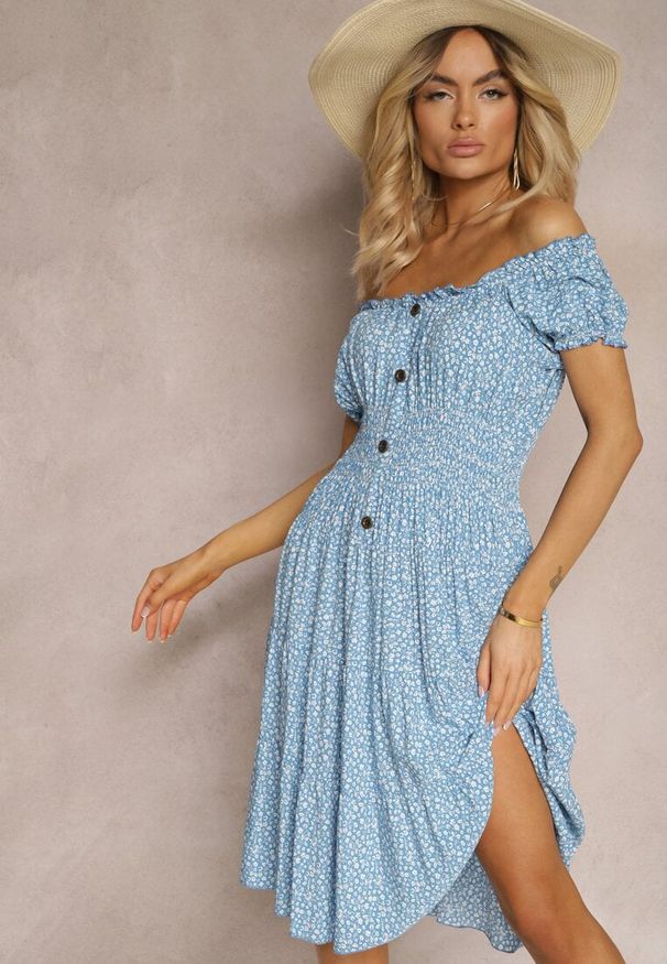 Renee - Niebieska Kwiecista Sukienka z Bawełny z Gumkami w Pasie Herata. Kolor: niebieski. Materiał: bawełna. Sezon: wiosna
