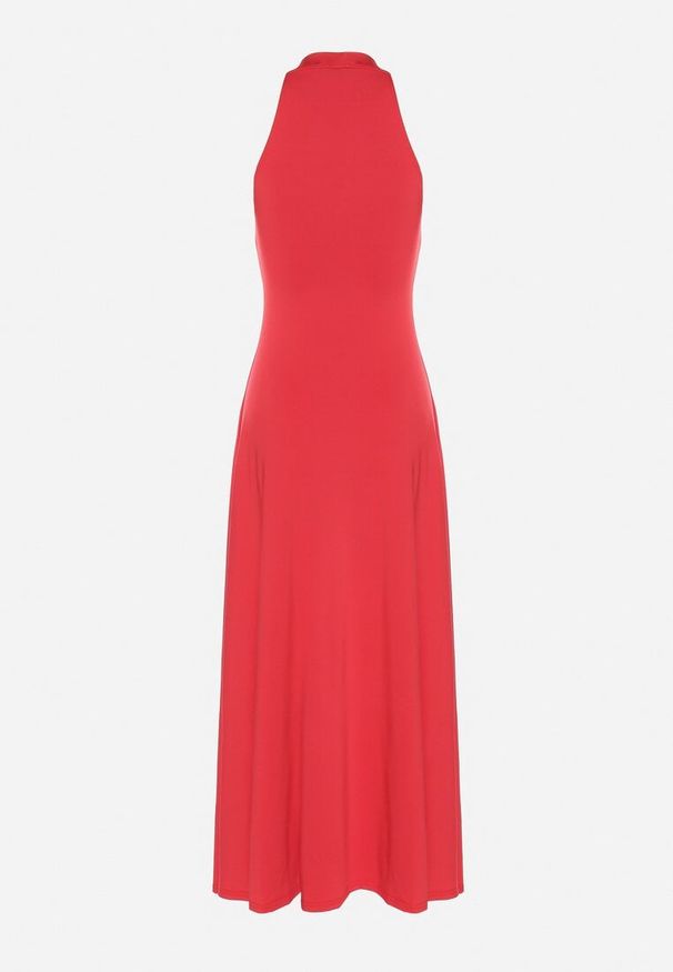 Born2be - Czerwona Rozkloszowana Sukienka Bez Rękawów z Wiskozą Zdobiona Marszczeniem Folenissa. Okazja: na imprezę. Typ kołnierza: kokarda, dekolt w kształcie V. Kolor: czerwony. Materiał: wiskoza. Długość rękawa: bez rękawów. Wzór: aplikacja. Typ sukienki: rozkloszowane