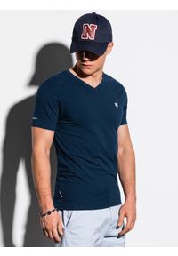 Ombre Clothing - T-shirt męski bez nadruku S1183 - granatowy - XXL. Typ kołnierza: dekolt w serek. Kolor: niebieski. Materiał: elastan, bawełna. Styl: klasyczny