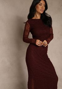 Renee - Bordowa Koronkowa Sukienka Typu Longsleeve o Dopasowanym Kroju Zenoresa. Kolor: czerwony. Materiał: koronka. Długość rękawa: długi rękaw. Typ sukienki: oversize. Styl: elegancki #4