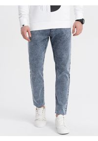 Ombre Clothing - Męskie spodnie jeansowe marmurkowe z surowo wykończoną nogawką SLIM FIT - ciemnoniebieskie V4 OM-PADP-0146 - XL. Kolor: niebieski. Materiał: jeans #5