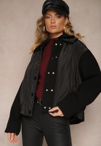 Renee - Czarna Kurtka Zapinana na Napy z Odpinanym Kołnierzem i Materiałowymi Wstawkami Liolie. Okazja: na co dzień. Kolor: czarny. Materiał: materiał. Styl: elegancki, casual #4