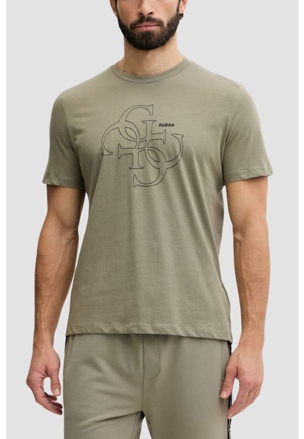 Guess - GUESS Zielony bawełniany t-shirt męski na krótki rękaw z wyszywanym logo 4G Tiberio, Rozmiar M. Okazja: na co dzień. Kolor: zielony. Materiał: bawełna. Długość rękawa: krótki rękaw. Długość: krótkie. Styl: casual