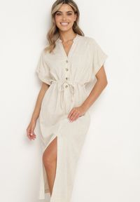 Born2be - Beżowa Bawełniana Sukienka z Koszulową Górą i Ściągaczem w Talii Vikleta. Okazja: na co dzień. Typ kołnierza: dekolt w kształcie V. Kolor: beżowy. Materiał: bawełna. Typ sukienki: koszulowe. Styl: klasyczny, casual #2
