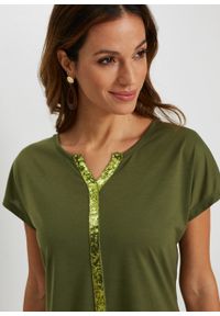 Długi shirt z cekinami bonprix ciemnooliwkowy. Kolor: zielony. Długość: długie. Styl: elegancki #2