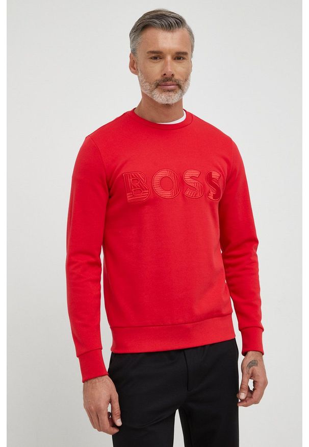 BOSS bluza bawełniana męska kolor czerwony z aplikacją. Kolor: czerwony. Materiał: bawełna. Wzór: aplikacja