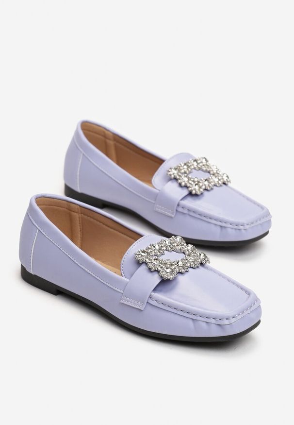 Born2be - Fioletowe Mokasyny z Kryształkami i Kwadratowym Noskiem Hininea. Kolor: fioletowy. Styl: elegancki