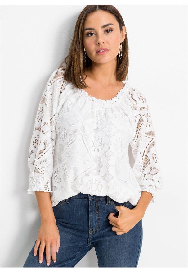 bonprix - Shirt z koronką. Kolor: biały. Materiał: koronka. Wzór: koronka