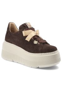 Sneakersy damskie Karino, cholewka ze skóry naturalnej welurowej platformowa podeszwa dekoracyjne wiązanie stabilna konstrukcja zapewniająca komfort. Kolor: brązowy. Materiał: skóra, welur. Szerokość cholewki: normalna #5