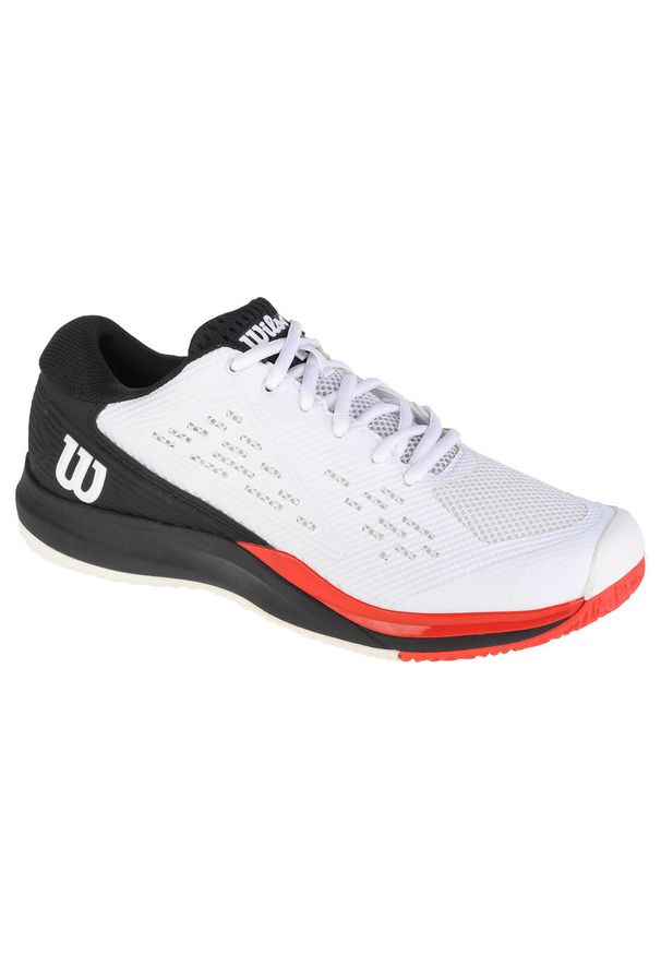 Buty do tenisa męskie, Wilson Rush Pro Ace. Zapięcie: sznurówki. Kolor: biały, wielokolorowy. Materiał: guma, materiał, syntetyk, tkanina. Szerokość cholewki: normalna. Sport: tenis
