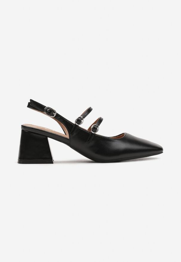 Renee - Czarne Czółenka z Ekoskóry Typu Slingback na Słupku z Trzema Sprzączkami Qrevia. Okazja: na co dzień. Zapięcie: sprzączka. Kolor: czarny. Wzór: paski. Obcas: na słupku. Styl: casual